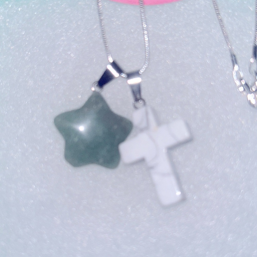 Boho hippie Howlite Crystal Cross & Aventurine Star Sterling Silver 18” Necklace
